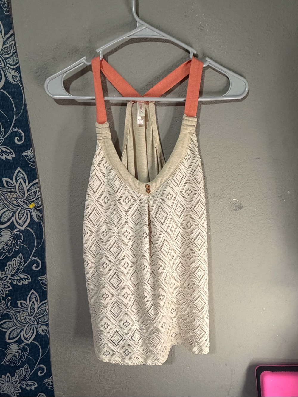 Women’s Cream Crochet Tank Top with Coral Straps